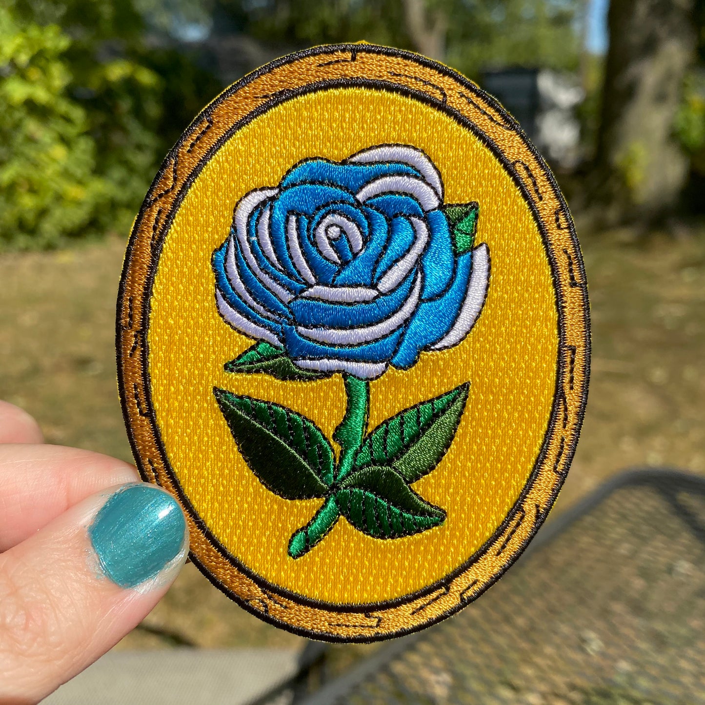 Antique Flower in Frame - One Day - Embroidered Patch - Blue Rose