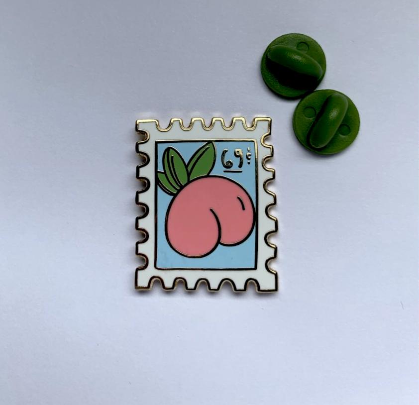 Peach 69c Postage Stamp Enamel Pin - Save the USPS