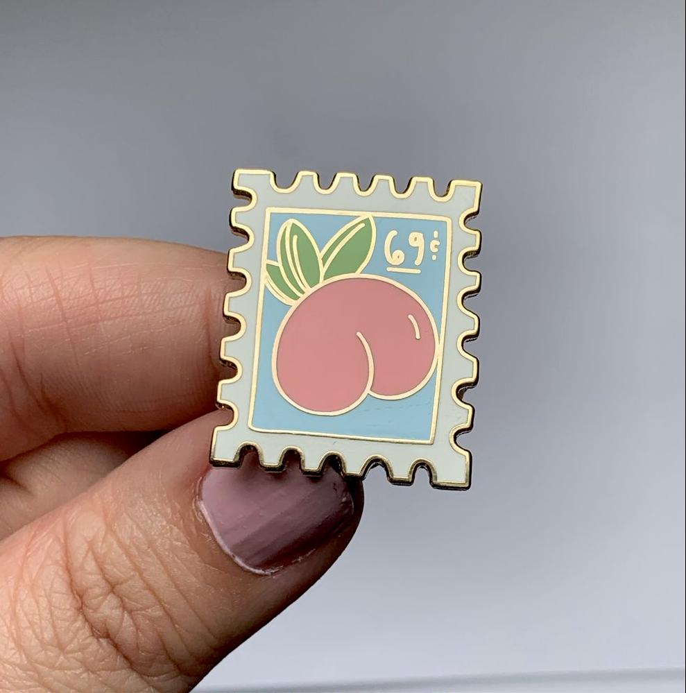 Peach 69c Postage Stamp Enamel Pin - Save the USPS