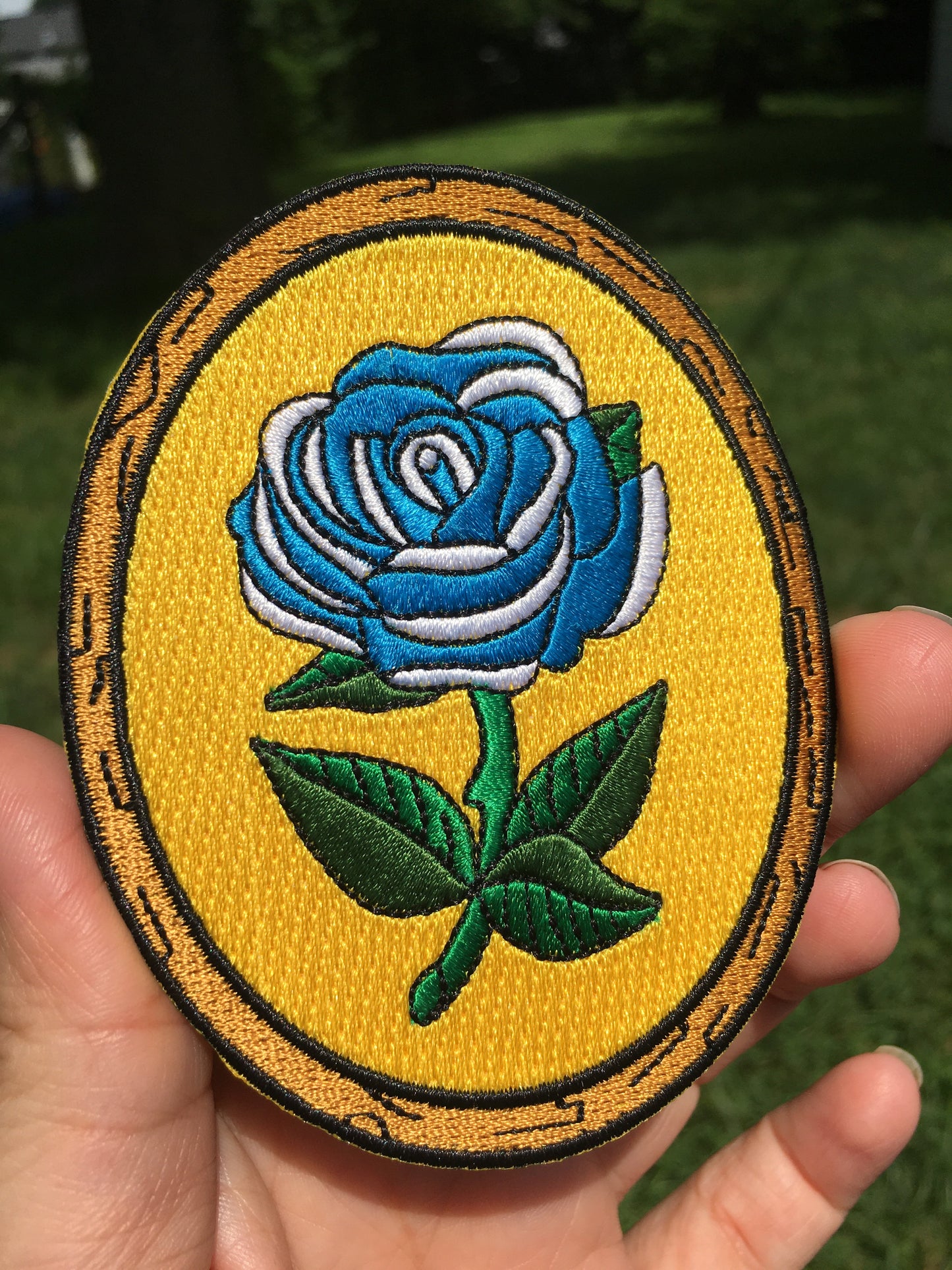 Antique Flower in Frame - One Day - Embroidered Patch - Blue Rose