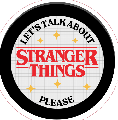 Nine circular stickers with 'Stranger Things' text on a white background