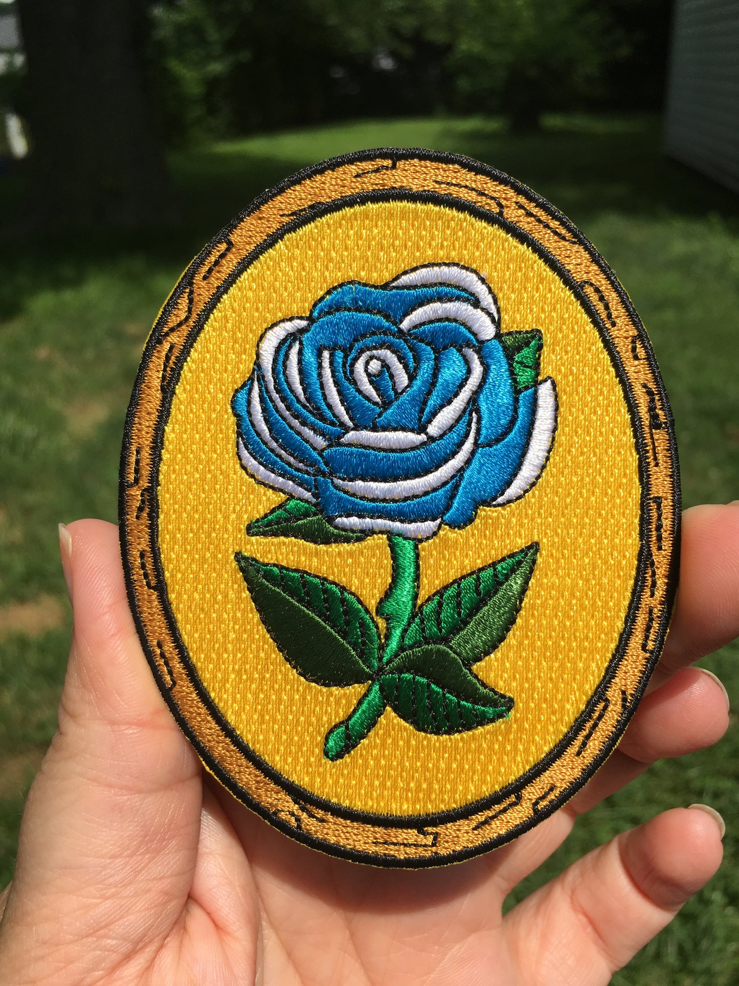 Antique Flower in Frame - One Day - Embroidered Patch - Blue Rose