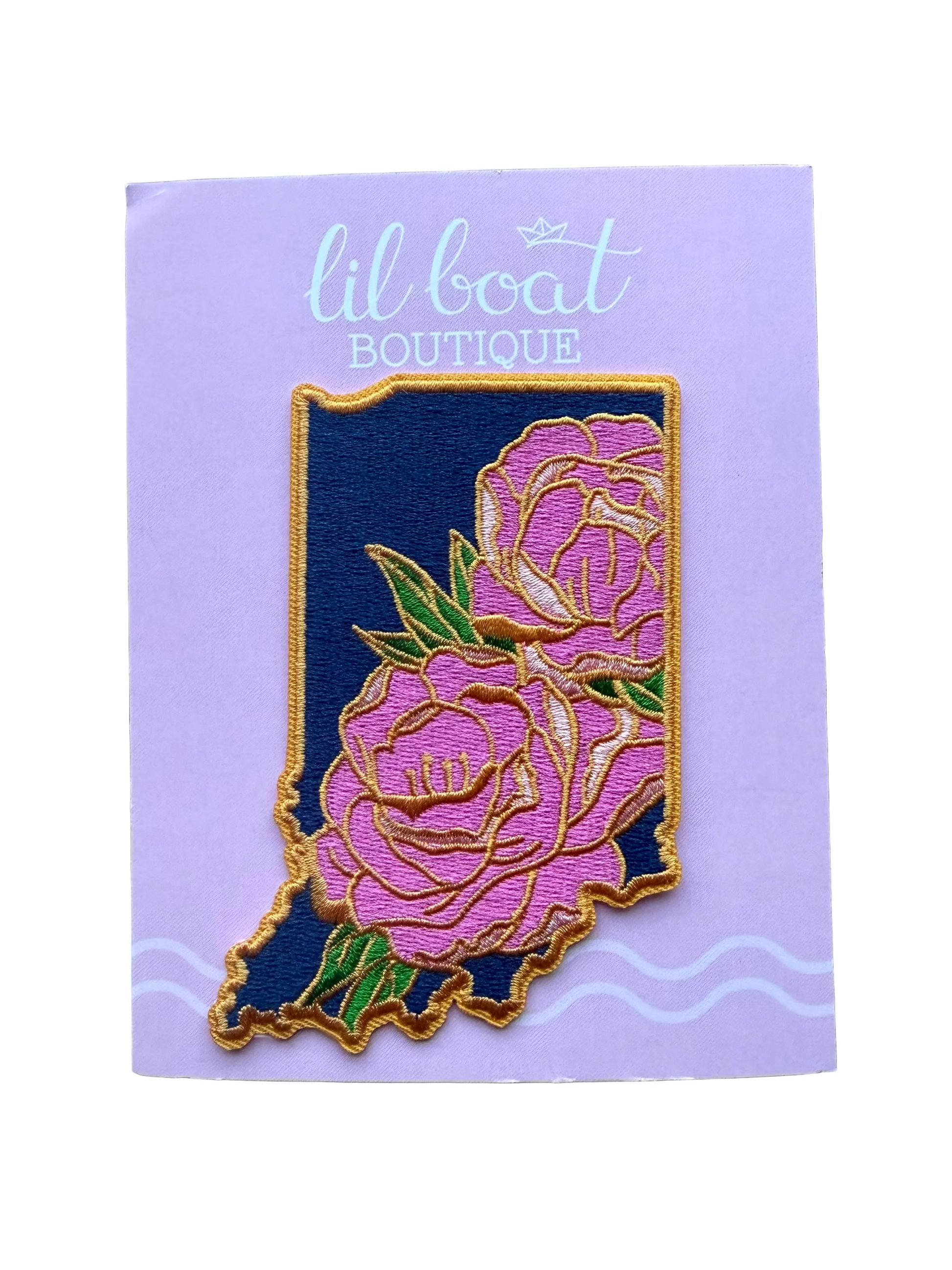 Patch of Indiana with pink roses on a card from lil boat BOUTIQUE