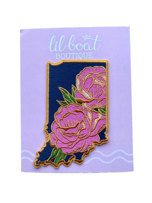 Patch of Indiana with pink roses on a card from lil boat BOUTIQUE