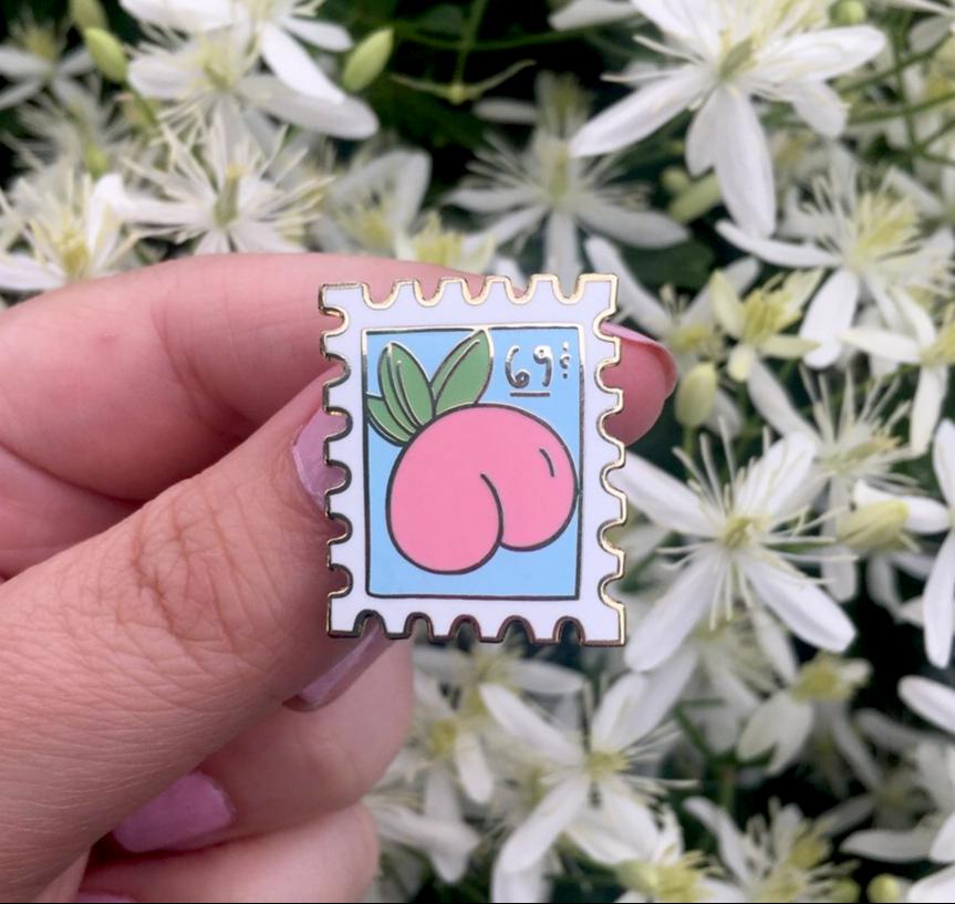 Peach 69c Postage Stamp Enamel Pin - Save the USPS