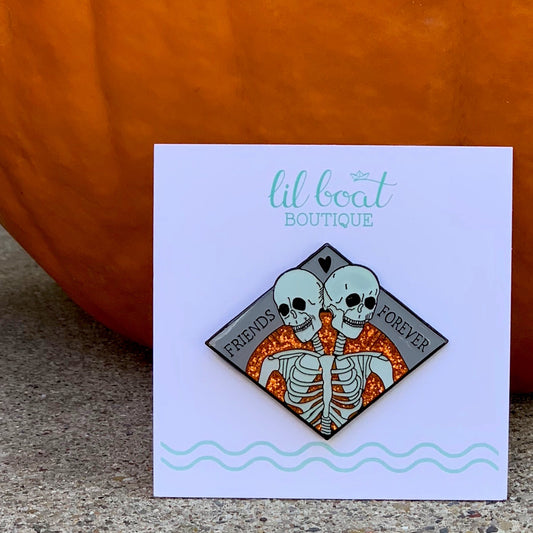 Friends Forever - Orange Glitter - Spooky Halloween Conjoined Skeleton Enamel Pin