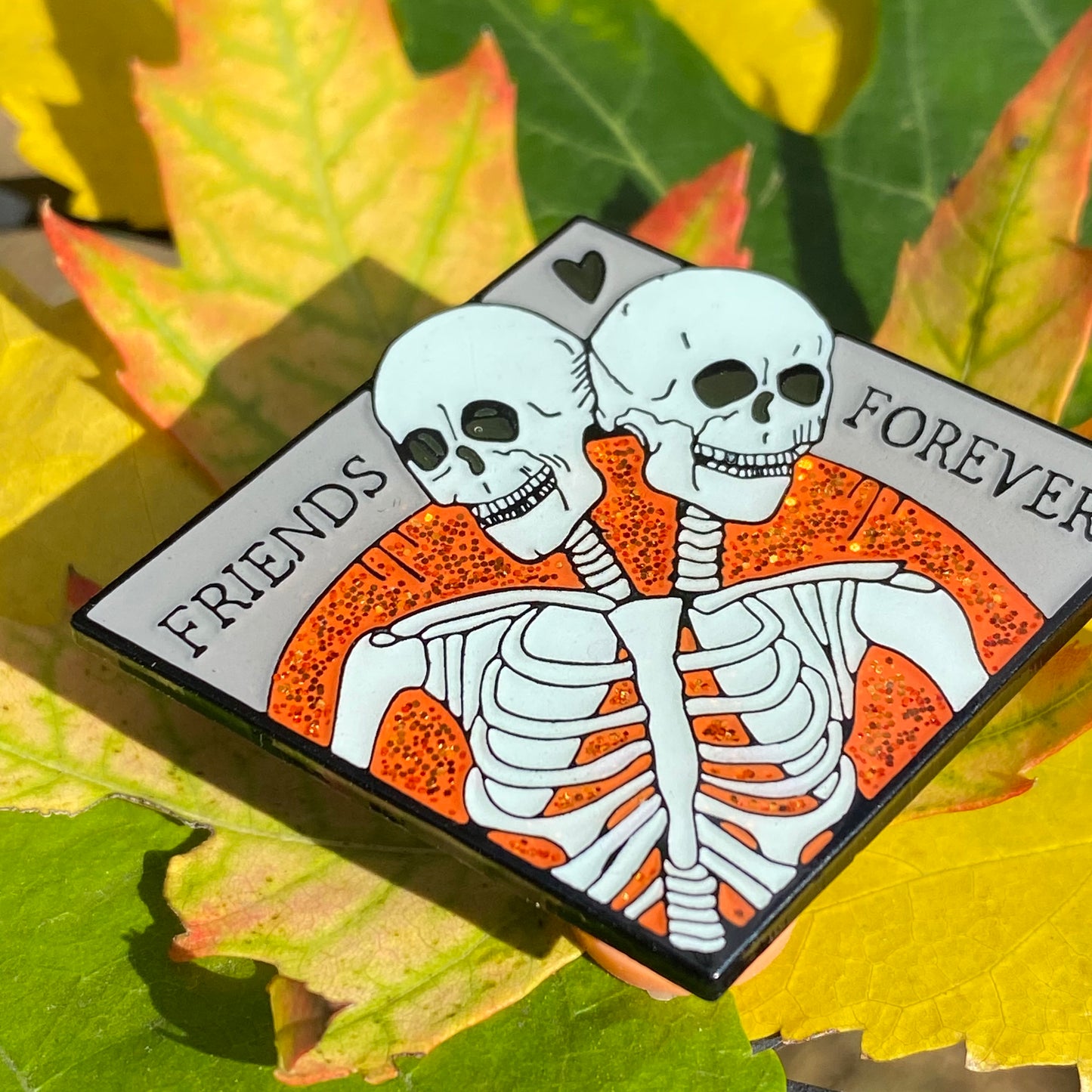 Friends Forever - Orange Glitter - Spooky Halloween Conjoined Skeleton Enamel Pin